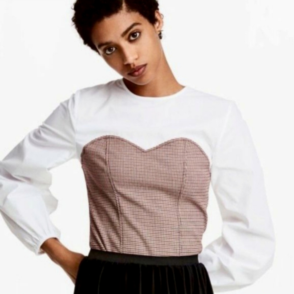 H&M Houndstooth Bustier Corset Top Blouse Long Blouson Sleeves Burgundy Size 10